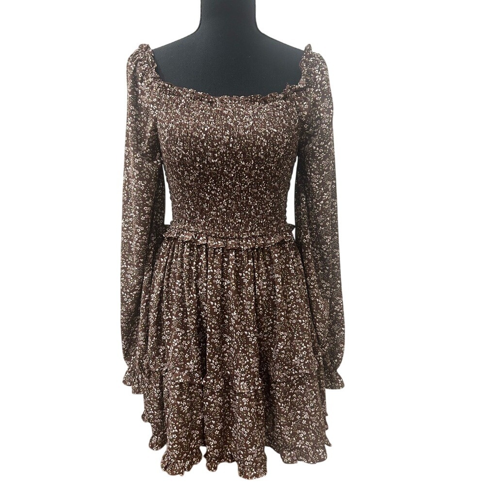 Fairycore‎ Brown Floral Smocked Babydoll Tiered Dress Small CottageCore